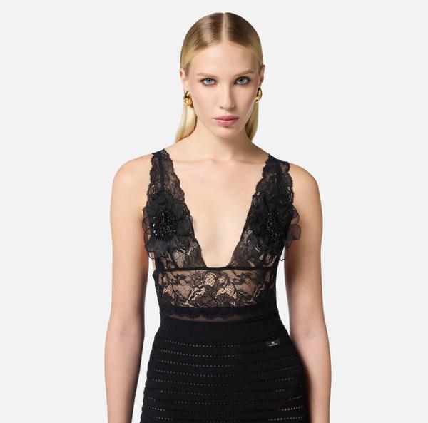 Elisabetta Franchi Body En Dentelle Et Tulle Avec Fleurs 3D