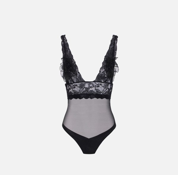 elisabetta franchi Body en dentelle et tulle avec fleurs 3D