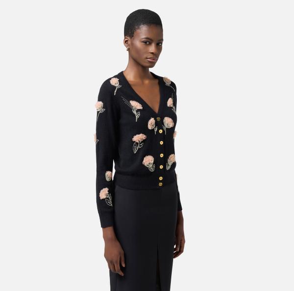 Elisabetta Franchi Cardigan En Laine Et Cachemire Avec Fleurs Brodées