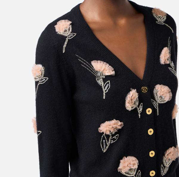 Elisabetta Franchi Cardigan En Laine Et Cachemire Avec Fleurs Brodées