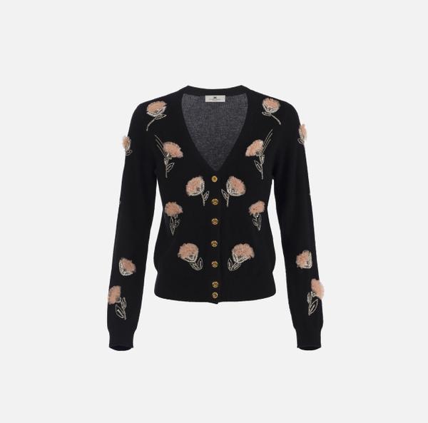 elisabetta franchi Cardigan en laine et cachemire avec fleurs brodées