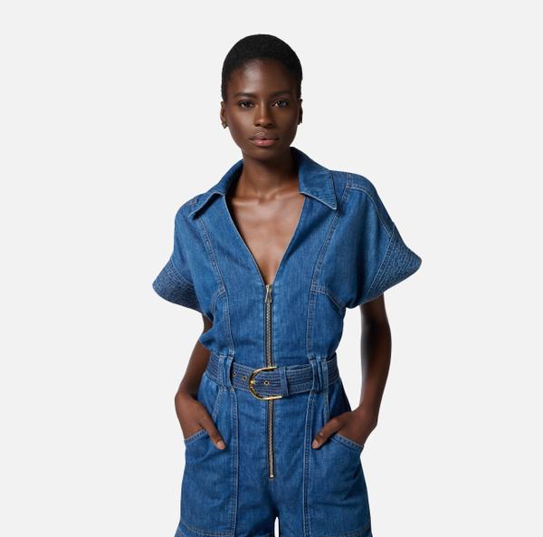 Elisabetta Franchi Combinaison En Denim Courte Avec Ceinture