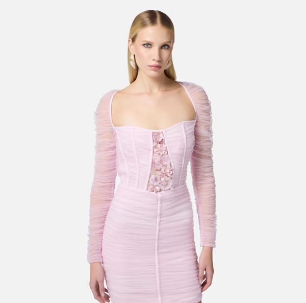 Elisabetta Franchi Robe En Tulle Avec Fleurs 3D