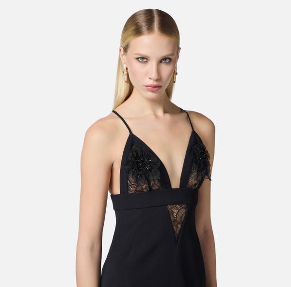 Elisabetta Franchi Robe En Double Crêpe Léger Avec Dentelle Et Fleurs