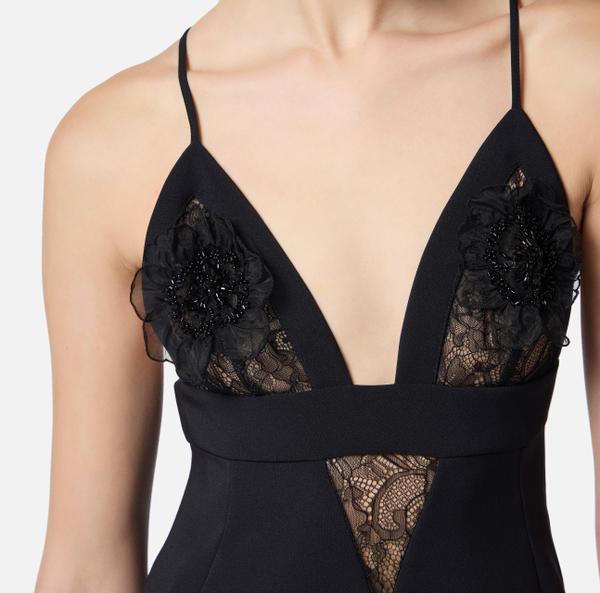 Elisabetta Franchi Robe En Double Crêpe Léger Avec Dentelle Et Fleurs