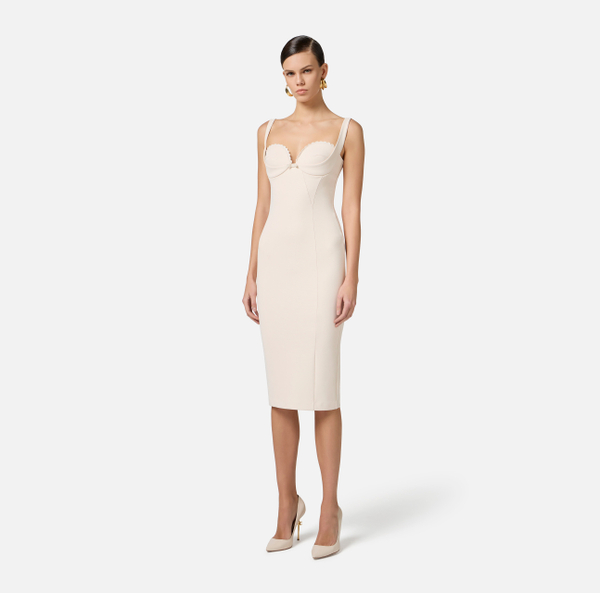Elisabetta Franchi Robe En Double Crêpe Stretch Avec Feston Brodé