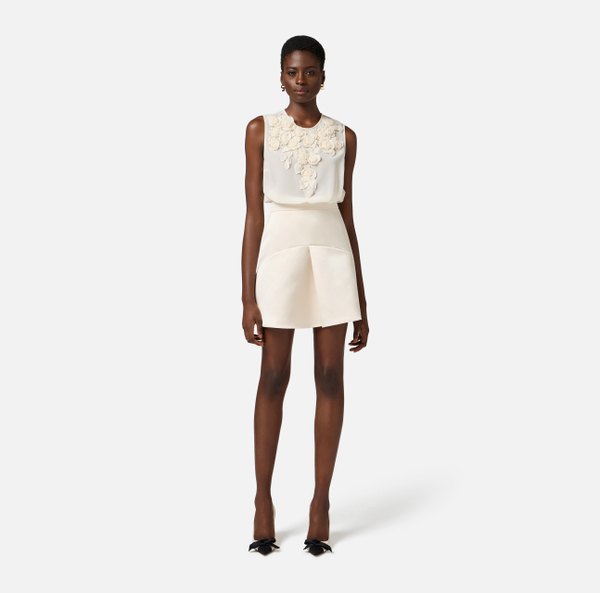 Elisabetta Franchi Robe En Georgette Et Duchesse Avec Roses Brodées