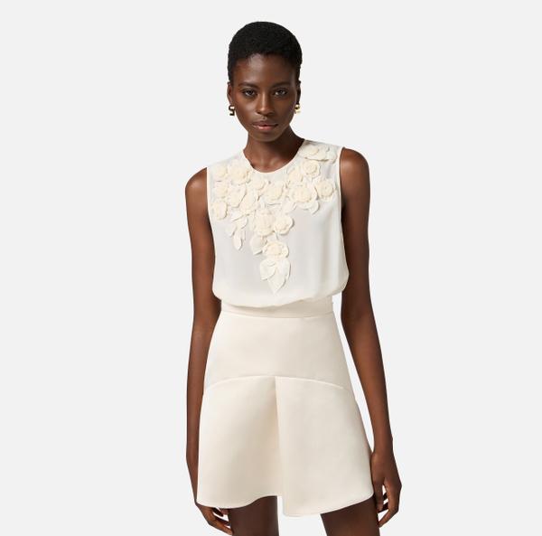 Elisabetta Franchi Robe En Georgette Et Duchesse Avec Roses Brodées