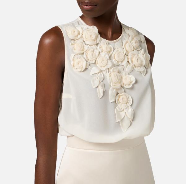 Elisabetta Franchi Robe En Georgette Et Duchesse Avec Roses Brodées