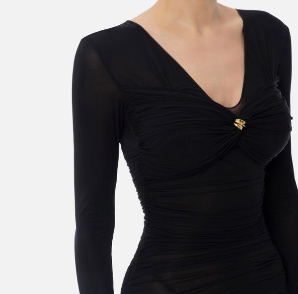 Elisabetta Franchi Robe En Organdi Stretch Avec Clip De Nœud Bijou