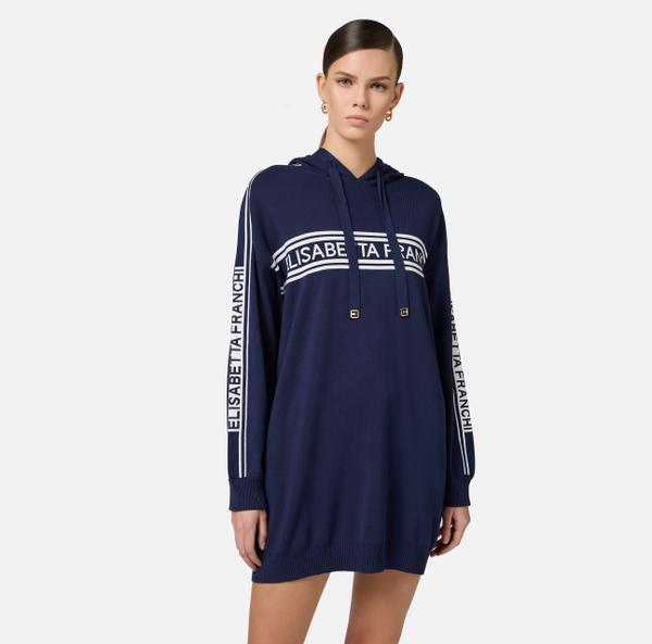 Elisabetta Franchi Robe En Viscose Avec Capuche Et Bandes Contrastées
