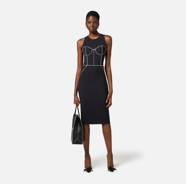Elisabetta Franchi Robe Fourreau En Crêpe Avec Piping Contrasté