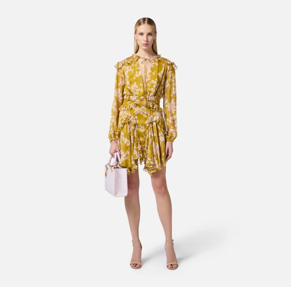 Elisabetta Franchi Robe Imprimée En Voile De Soie Avec Ruches