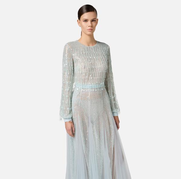 Elisabetta Franchi Robe Red Carpet En Georgette Avec Franges En Sequins