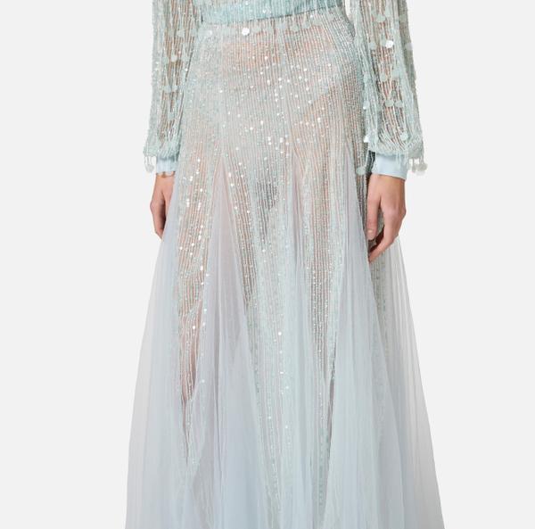 Elisabetta Franchi Robe Red Carpet En Georgette Avec Franges En Sequins