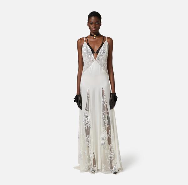elisabetta Franchi Robe Red Carpet En Georgette De Soie Et Dentelle Brodée
