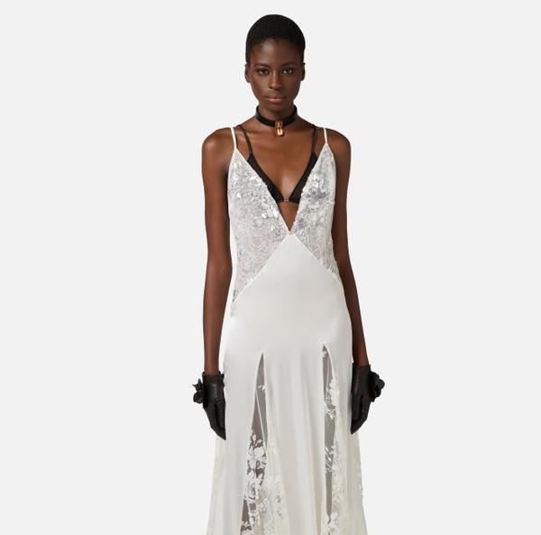 elisabetta Franchi Robe Red Carpet En Georgette De Soie Et Dentelle Brodée