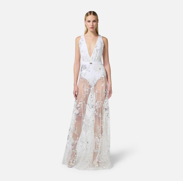 Elisabetta Franchi Robe Red Carpet En Jersey Avec Sequins Brodés