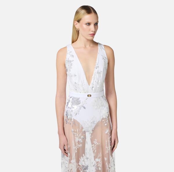 Elisabetta Franchi Robe Red Carpet En Jersey Avec Sequins Brodés
