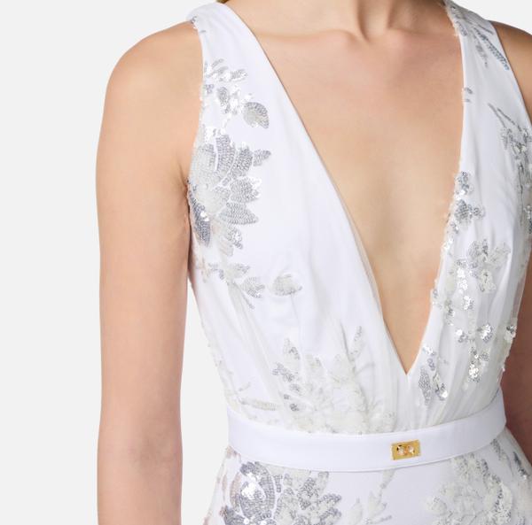 Elisabetta Franchi Robe Red Carpet En Jersey Avec Sequins Brodés