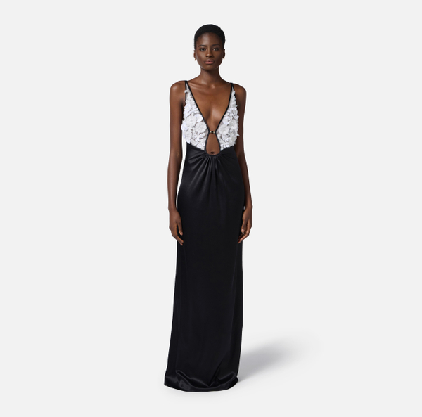 Elisabetta Franchi Robe Red Carpet En Soie Et Tulle Avec Fleurs 3D
