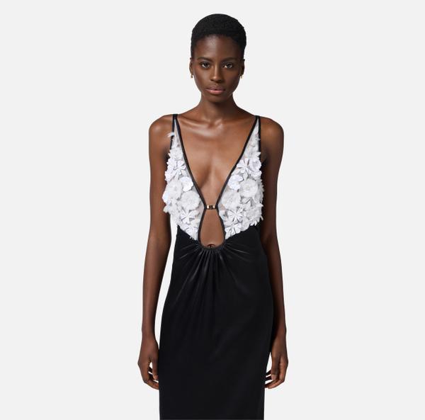 Elisabetta Franchi Robe Red Carpet En Soie Et Tulle Avec Fleurs 3D