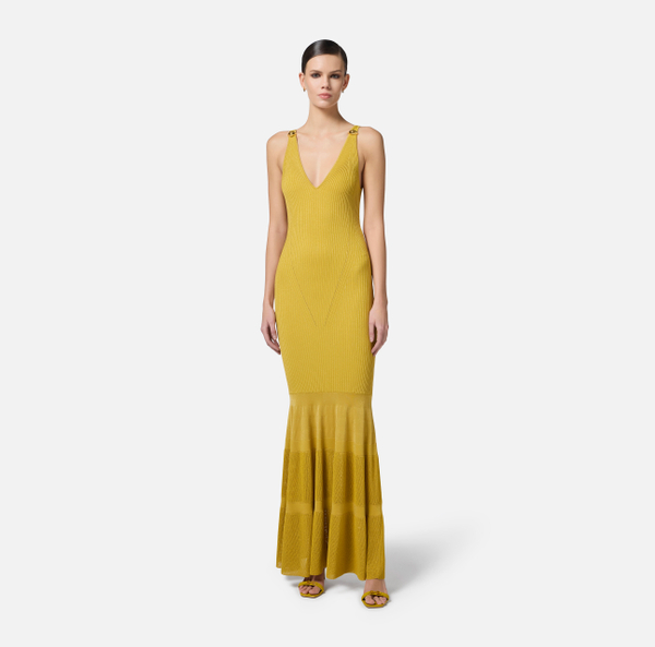 Elisabetta Franchi Robe Red Carpet En Tricot Lurex Avec Volant