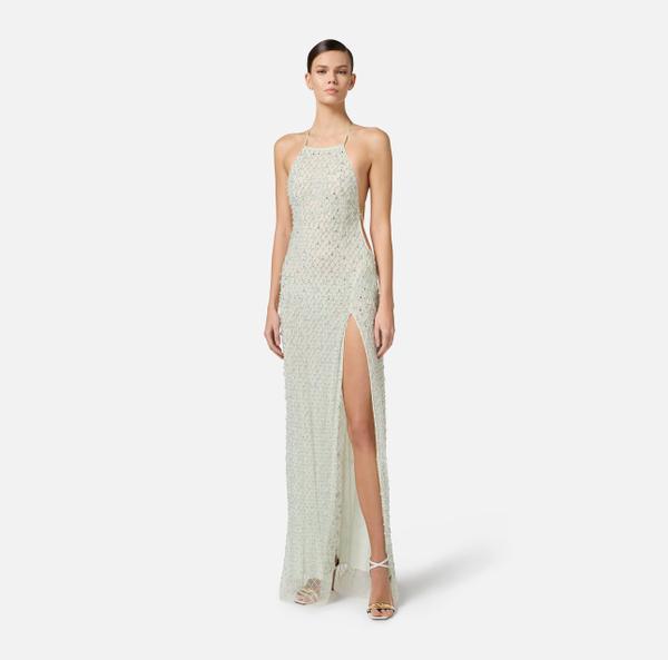 Elisabetta Franchi Robe Red Carpet En Tulle Avec Cristaux Sur Toute La Surface
