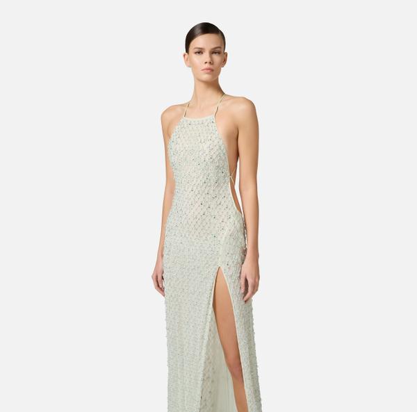 Elisabetta Franchi Robe Red Carpet En Tulle Avec Cristaux Sur Toute La Surface