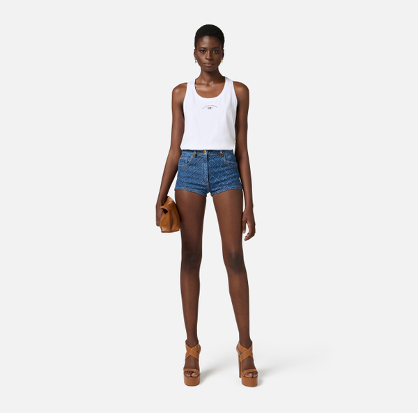 Eleven Paris Short En Denim Avec Losanges Sur Toute La Surface