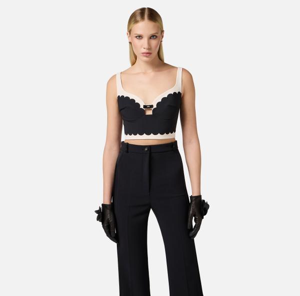 Elisabetta Franchi Top En Double Crêpe Stretch Avec Feston Brodé