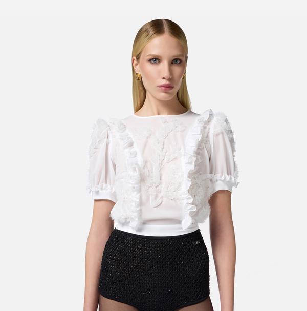 Elisabetta Franchi Top En Georgette Brodée Avec Ruches