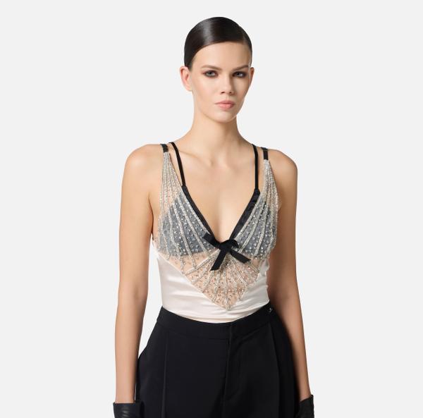 Elisabetta Franchi Top En Satin Et Tulle Avec Strass