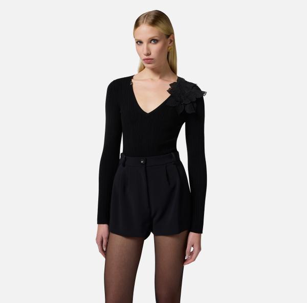 Elisabetta Franchi Top En Tricot Côtelé Avec Détail Floral
