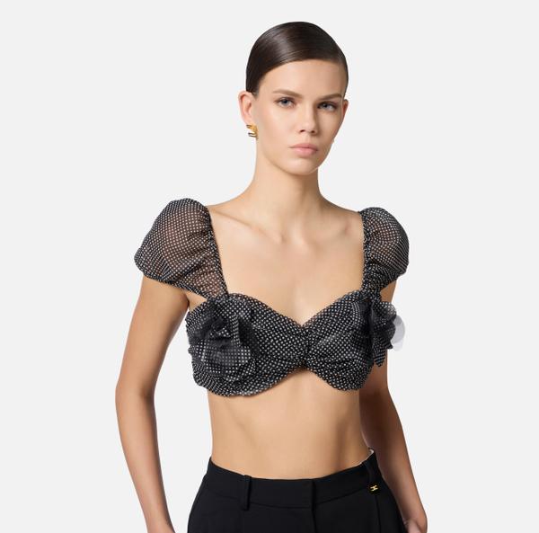 Elisabetta Franchi Top En Tulle Avec Imprimé Pois Et Fleur Brodée