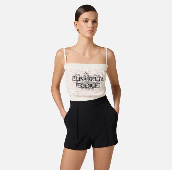 Elisabetta Franchi Top En Viscose Stretch Avec Imprimé Et Logo Brodé