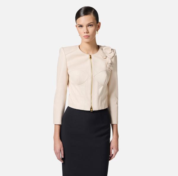 Elisabetta Franchi Veste En Cuir Avec Fleurs Appliquées