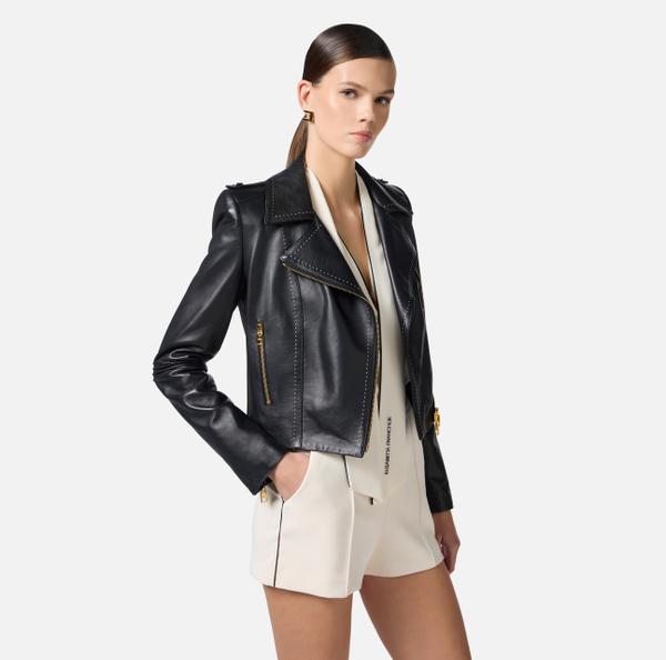 Elisabetta Franchi Veste Motard Avec Surpiqûres Contrastées