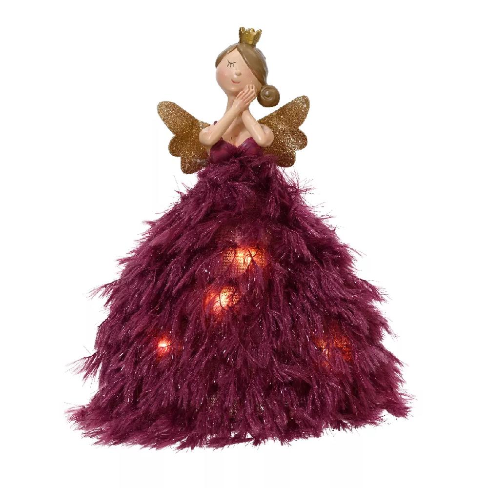 eminza Ange de Noël lumineux à piles (H23 cm) Prune robe en Plumes scintillantes