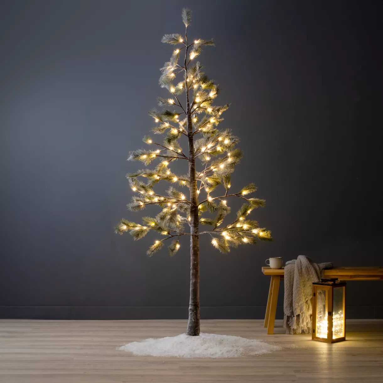eminza Arbre lumineux 128 LED (H210 cm) Sapin Alpin Vert enneigé et blanc chaud