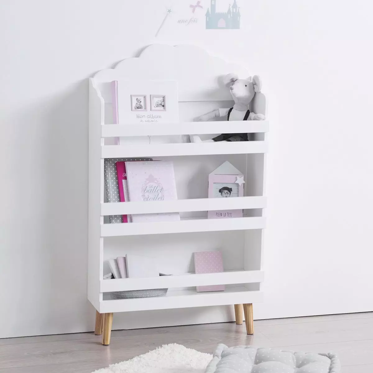 eminza Bibliothèque enfant bois (H100 cm) Nuage Blanche