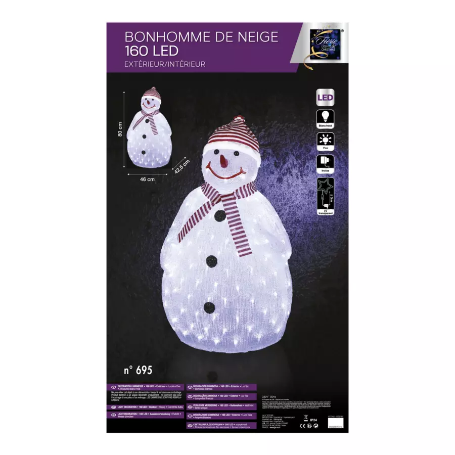 Eminza Bonhomme De Neige Lumineux 160 LED (H80 Cm) Topek Blanc Froid