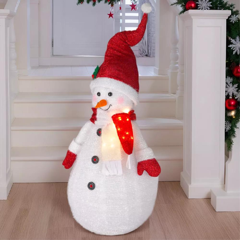 eminza Bonhomme de neige lumineux à piles (H120 cm) Pliable Rouge pailleté