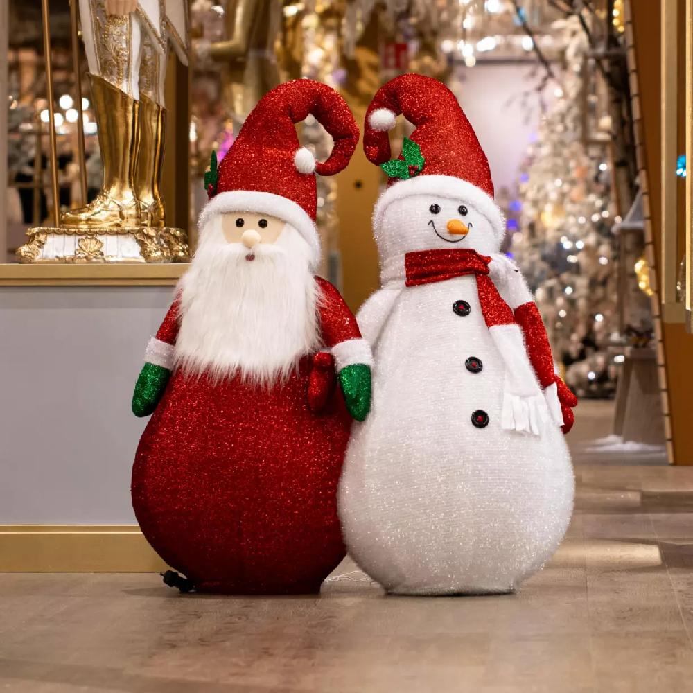 eminza Bonhomme de neige lumineux à piles (H140 cm) Pliable Rouge pailleté
