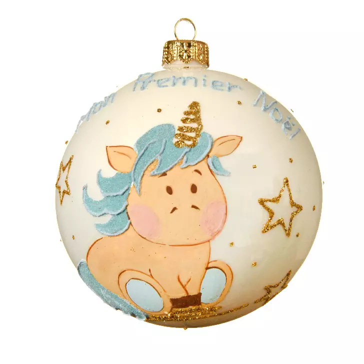 eminza Boule de Noël (D100 mm) Mon premier Noël en verre Jolly bleu