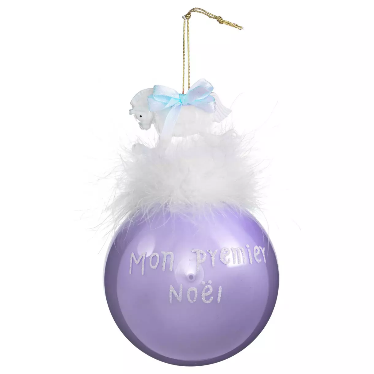 eminza Boule de Noël en verre (D90 mm) Cheval mon premier Noël Lilas