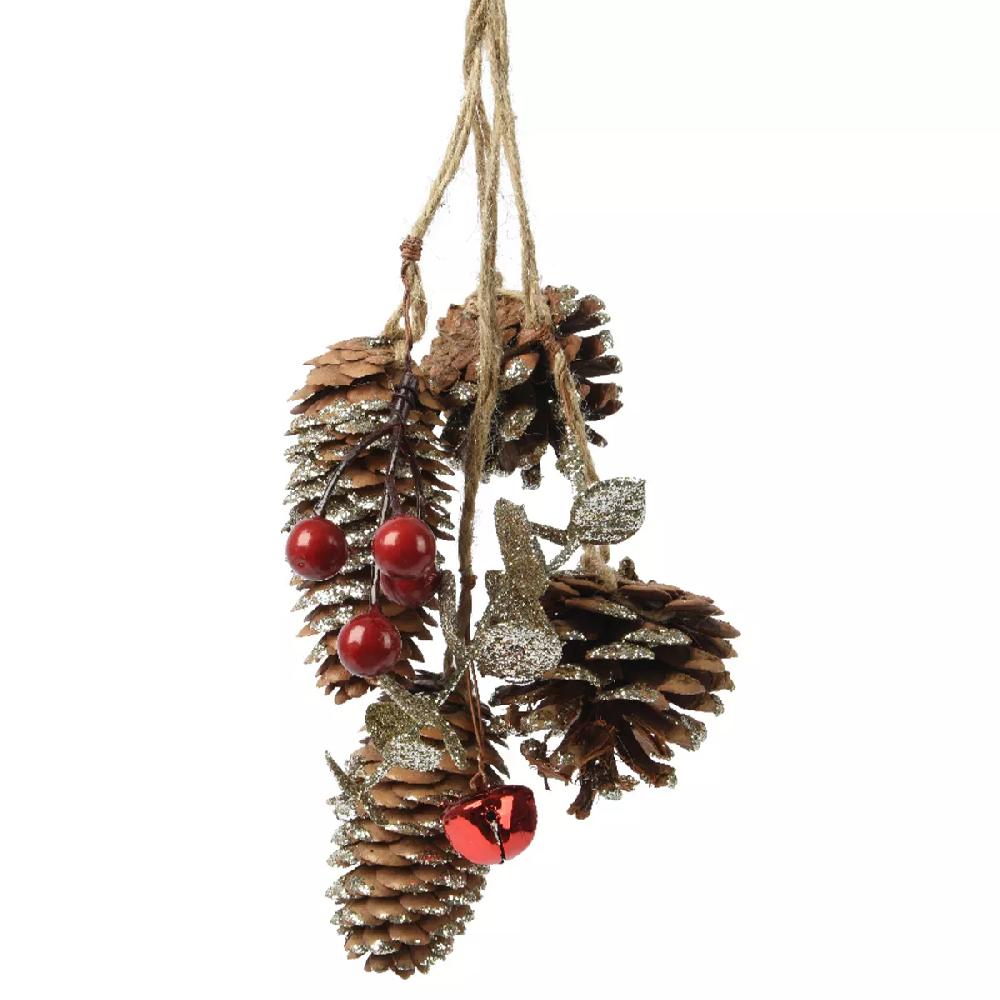eminza Branche de pommes de pin (H25 cm) Clochette Rouge