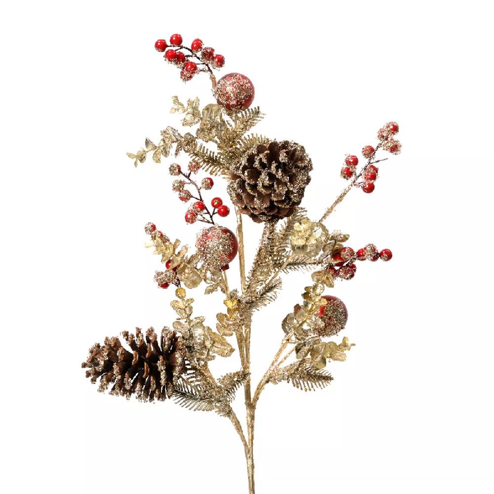 eminza Branche de sapin (H69 cm) Pommes de pin et Baies dorées