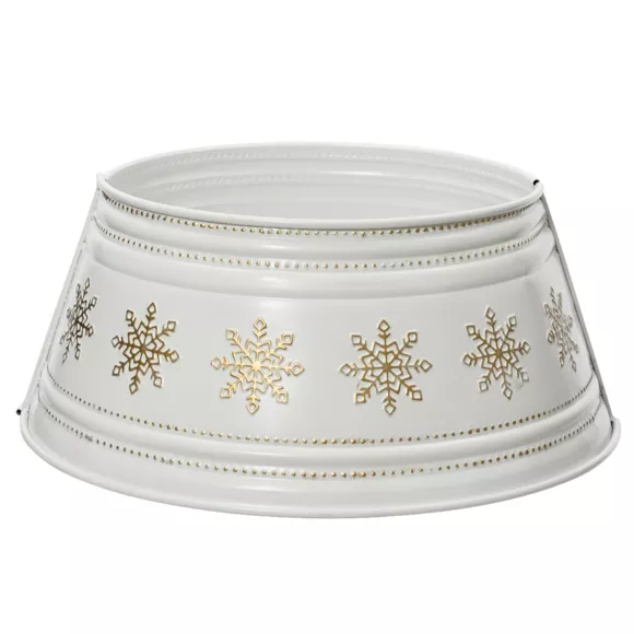 Eminza Cache Pied De Sapin En Métal (D57 Cm) Blanc Et Flocons Dorés