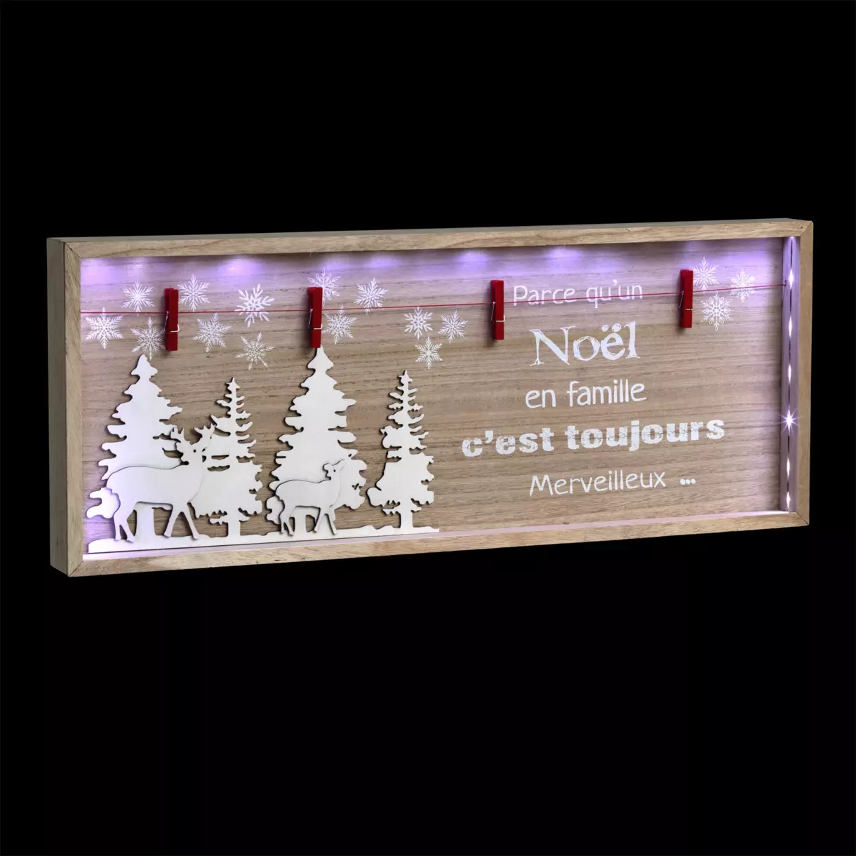 eminza Cadre lumineux en bois à piles (H32 cm) Noel en famille Blanc froid